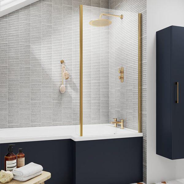 Arezzo Shower Bath   1700mm L Shaped with Brushed Brass Screen + Matt Blue Panel - Image 4