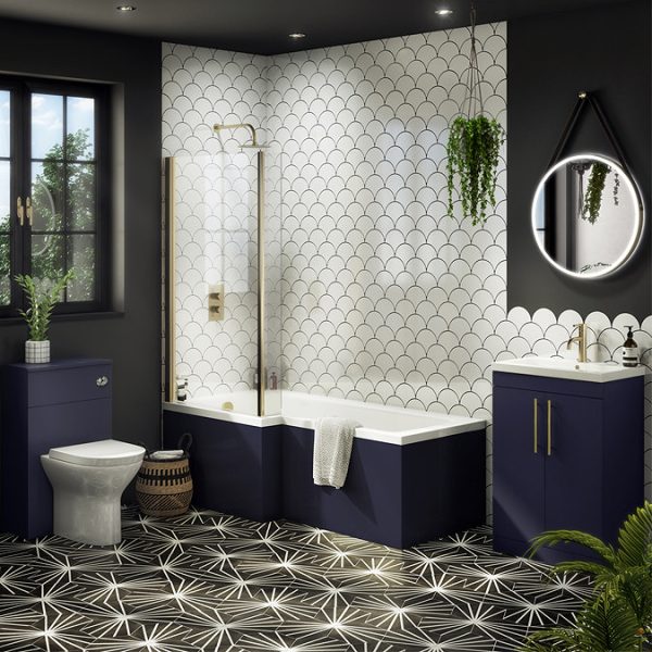 Arezzo Shower Bath   1700mm L Shaped with Brushed Brass Screen + Matt Blue Panel - Image 2