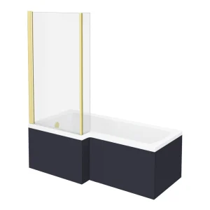 Arezzo Shower Bath   1700mm L Shaped with Brushed Brass Screen + Matt Blue Panel