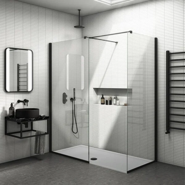 Arezzo Matt Black 10mm Glass 1700 x 700 Wet Room (with Screen, Side Panel + Tray)