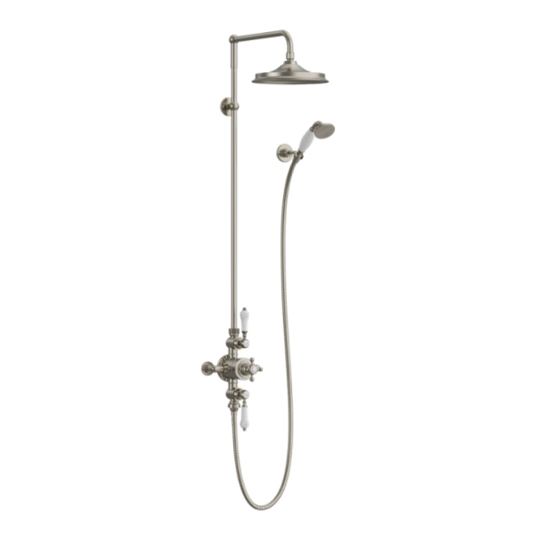 Burlington Avon Thermostatic Exposed Dual Outlet Shower Valve with 9 Inch Fixed Head and Handset   Brushed Nickel