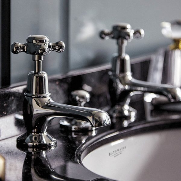 Bayswater White Crosshead Domed Collar Traditional Basin Taps - Image 2