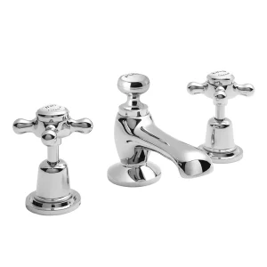 Bayswater White Crosshead Domed Collar 3 Tap Hole Deck Basin Mixer + Pop Up Waste