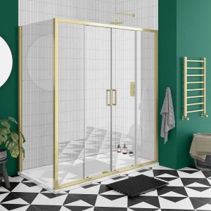 Toreno Brushed Brass 1400 x 900mm Double Sliding Door Shower Enclosure without Tray