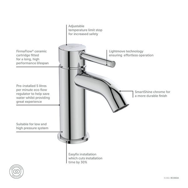 Ideal Standard Ceraline Basin Mixer with Clicker Waste - Image 3