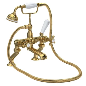 Hudson Reed Brushed Brass Topaz Crosshead Deck Mounted Bath Shower Mixer inc. Shower Kit