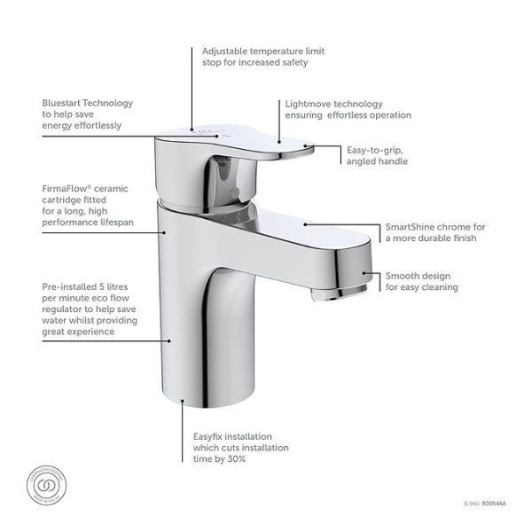 Ideal Standard Cerabase Bluestart Single Lever Basin Mixer with Click Waste - Image 3