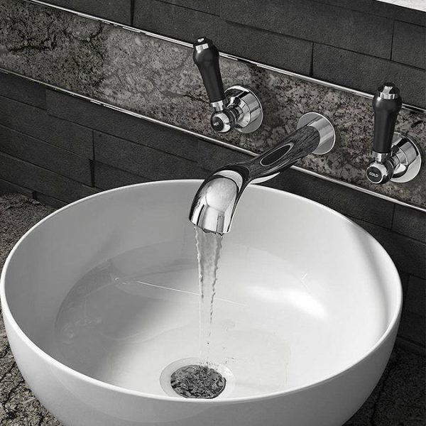 Albert Traditional Wall Mounted Basin Mixer Tap with Black Levers - Image 2