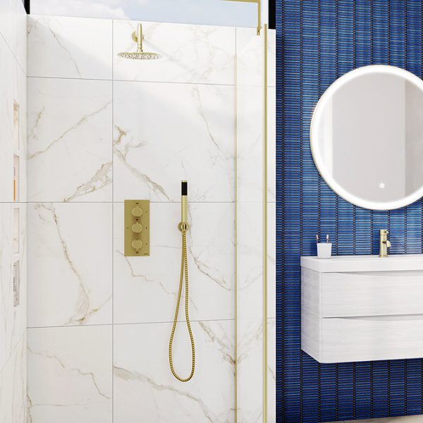 Arezzo Fluted Brushed Brass Round Thermostatic Shower Pack with Head + Handset - Image 3