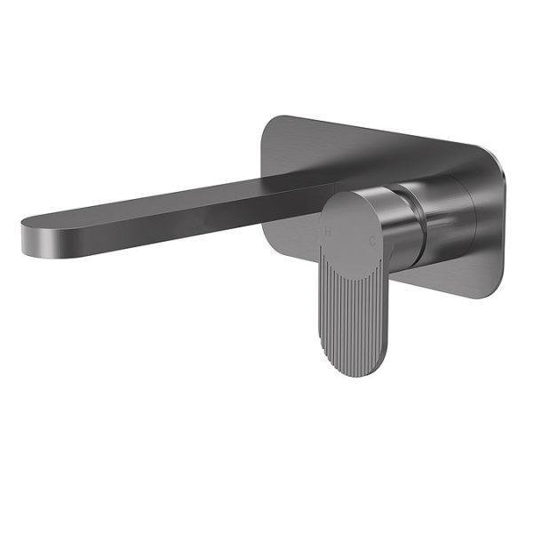 Nuie Cyprus Fluted 2 Hole Wall Mounted Basin Mixer with Plate   Pewter - Image 2