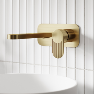 Nuie Cyprus Fluted 2 Hole Wall Mounted Basin Mixer with Plate   Brushed Brass