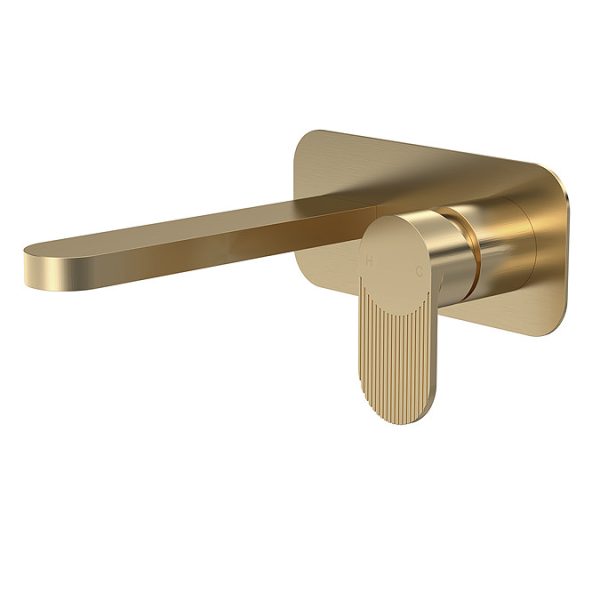 Nuie Cyprus Fluted 2 Hole Wall Mounted Basin Mixer with Plate   Brushed Brass - Image 2