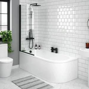 Arezzo Shower Bath (1700mm J Shaped with Matt Black Screen + Curved Panel)