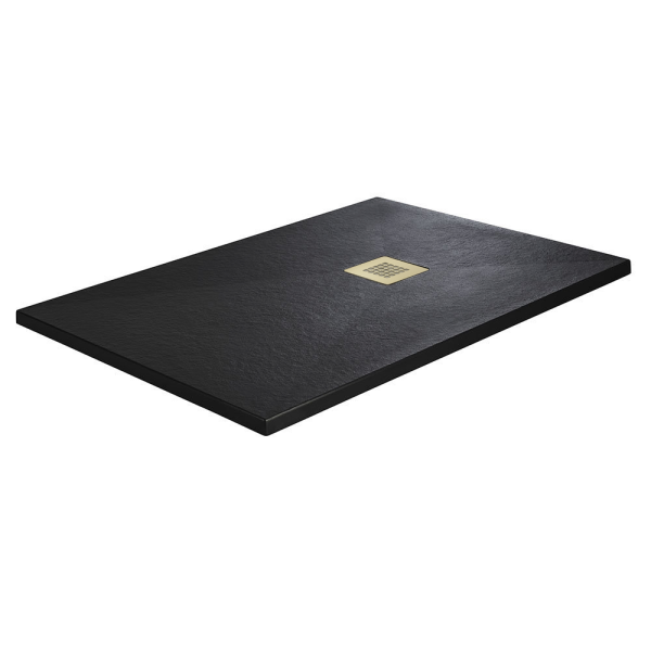 Imperia Black Slate Effect Rectangular Shower Tray 1200 x 700mm with Brushed Brass Waste
