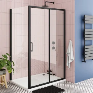 Toreno Matt Black 1000 x 900mm Sliding Door Shower Enclosure + Pearlstone Tray