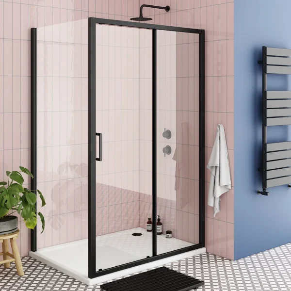 Toreno Matt Black 1200 x 900mm Sliding Door Shower Enclosure without Tray