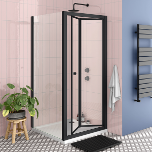 Toreno Matt Black 800 x 800mm Bi Fold Door Shower Enclosure + Pearlstone Tray