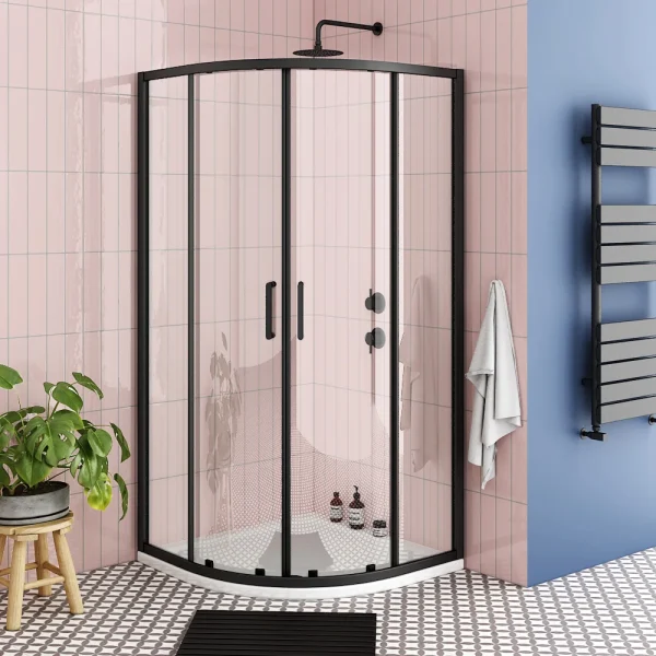 Toreno Matt Black 800 x 800mm Quadrant Shower Enclosure + Pearlstone Tray