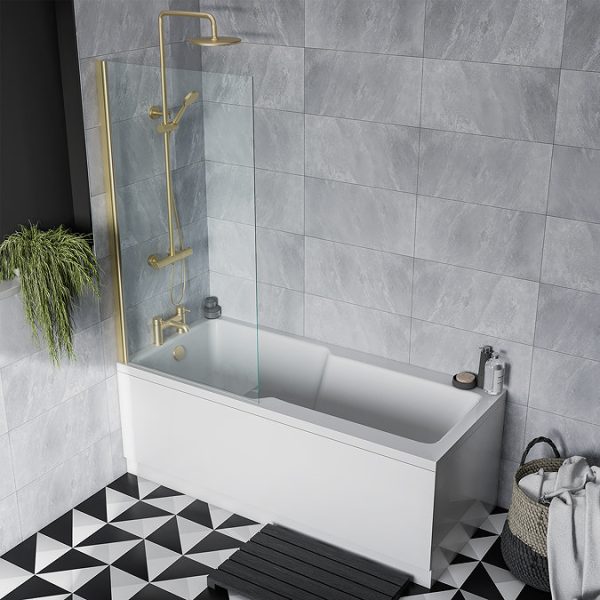 Bordo Single Ended Bath 1700 x 750mm with Brushed Brass Hinged Square Bath Screen - Image 2