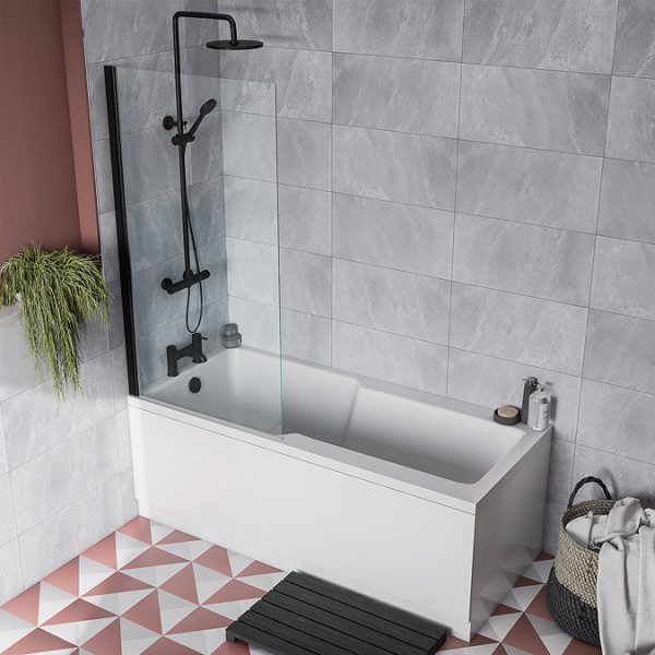 Bordo Single Ended Bath 1700 x 750mm with Matt Black Hinged Square Bath Screen - Image 3