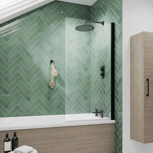 Bordo Single Ended Bath 1700 x 750mm with Matt Black Hinged Square Bath Screen - Image 5