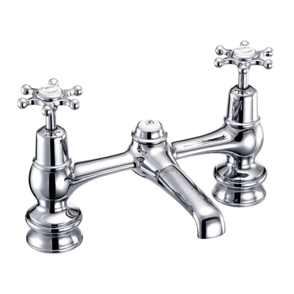 Burlington Birkenhead Regent Chrome 2 Tap Hole Bridge Basin Mixer with Plug and Chain
