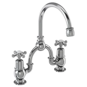 Burlington   Anglesey 2TH Bridge Curved Spout Basin Mixer (200mm centers) w Plug & Chain