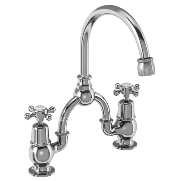 Burlington   Birkenhead 2TH Bridge Curved Spout Basin Mixer (200mm centers) w Plug & Chain