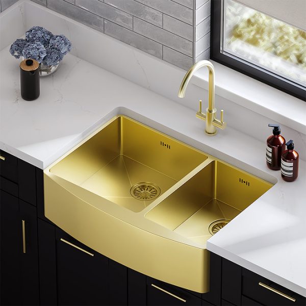 Bower Toronto C Spout Dual Lever Kitchen Sink Mixer   Brushed Brass - Image 2