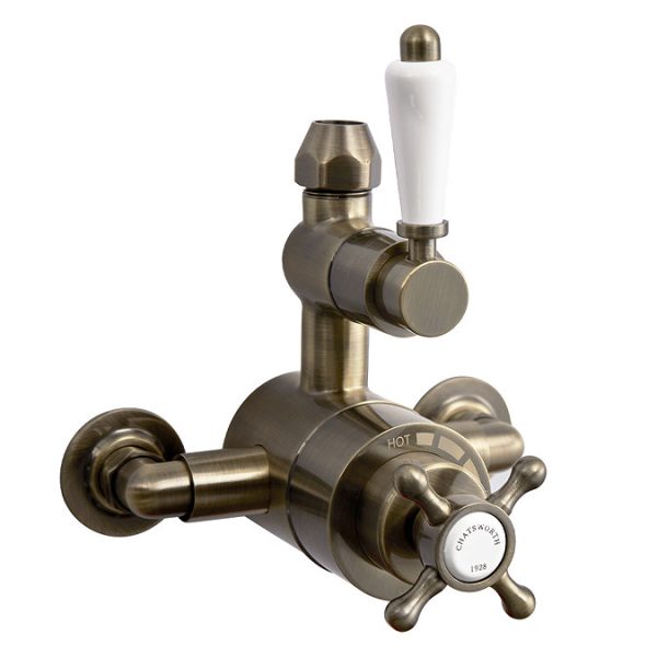 Chatsworth 1928 Antique Brass Exposed Valve incl. Rigid Riser Kit, Diverter, 8" Rose + Handset - Image 4
