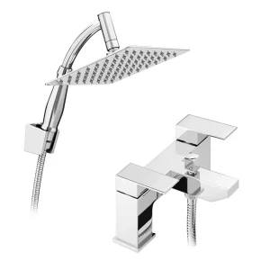 Cast Bath Shower Mixer with 200mm Square Shower Head, Extension Arm + Hose Kit