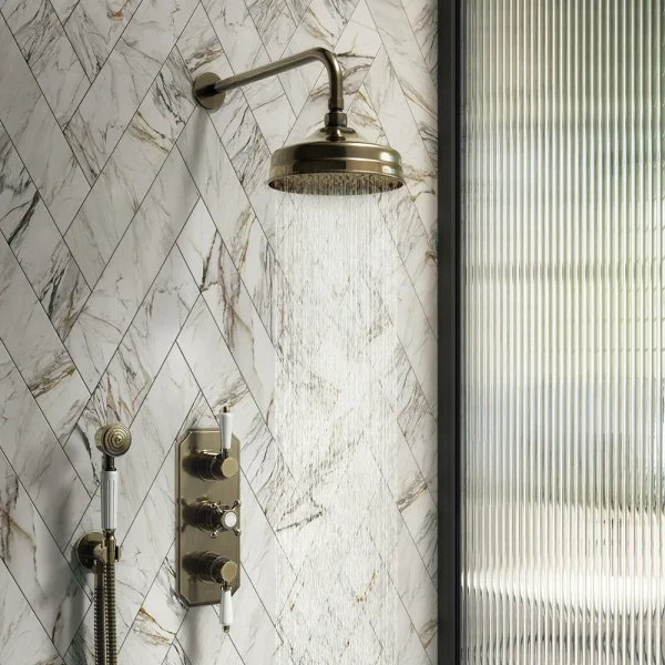 Chatsworth 1928 Antique Brass Traditional Shower with Concealed Valve, 8" Head + Handset