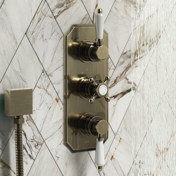 Chatsworth 1928 Antique Brass Traditional Shower w. Concealed Valve, 8" Head + Slide Rail Kit - Image 4