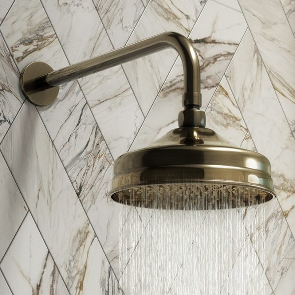 Chatsworth 1928 Antique Brass Traditional Shower w. Concealed Valve, 8" Head + Slide Rail Kit - Image 7