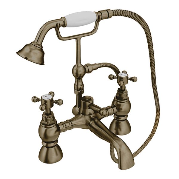 Chatsworth 1928 Antique Brass Crosshead Bath Shower Mixer Tap with Shower Kit - Image 2