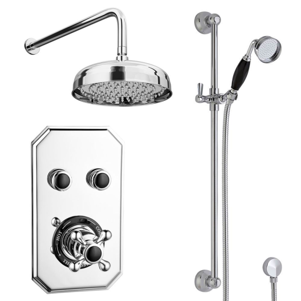 Chatsworth 1928 Black Traditional Push Button Shower Pack with Slide Rail Kit + Wall Mounted Head