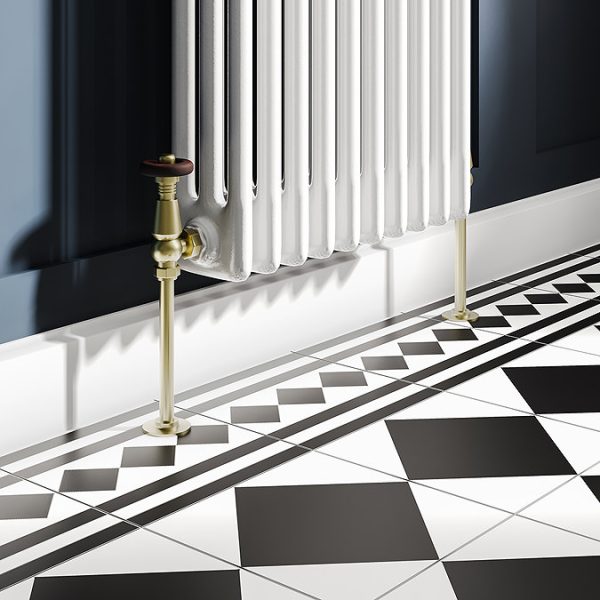 Chatsworth 1800 x 470mm Cast Iron Style 3 Column White Radiator   Brushed Brass Wall Stay Bracket and Thermostatic Valves - Image 2