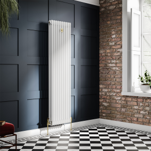 Chatsworth 1800 x 470mm Cast Iron Style 3 Column White Radiator   Brushed Brass Wall Stay Bracket and Thermostatic Valves