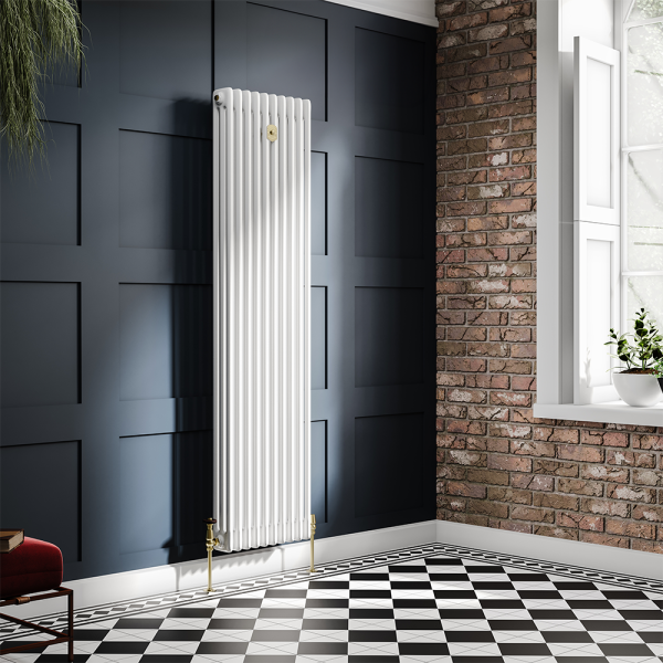 Chatsworth 1800 x 470mm Cast Iron Style 3 Column White Radiator   Brushed Brass Wall Stay Bracket and Thermostatic Valves