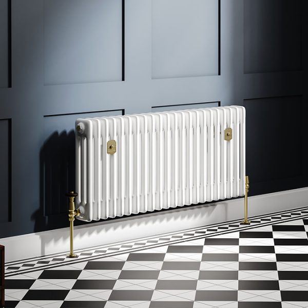 Chatsworth 450 x 1010mm Cast Iron Style 3 Column White Radiator   Brushed Brass Wall Stay Brackets and Thermostatic Valves - Image 8