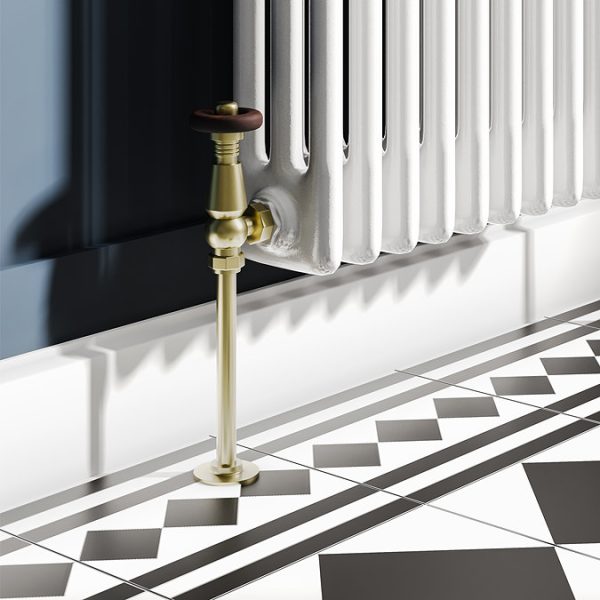 Chatsworth 450 x 1010mm Cast Iron Style 3 Column White Radiator   Brushed Brass Wall Stay Brackets and Thermostatic Valves - Image 2