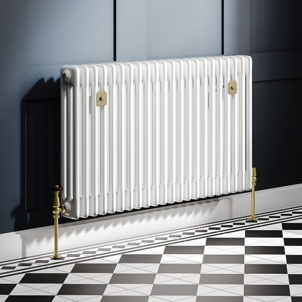 Chatsworth 600 x 1010mm Cast Iron Style 3 Column White Radiator   Brushed Brass Wall Stay Brackets and Thermostatic Valves - Image 2