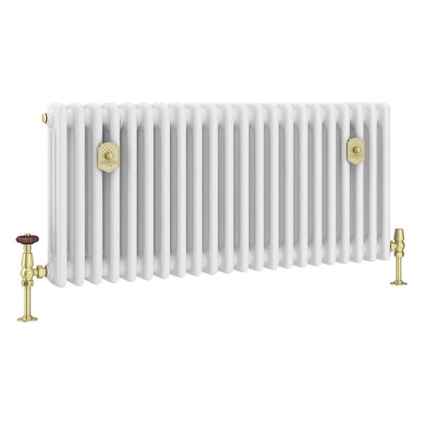 Chatsworth 450 x 1010mm Cast Iron Style 3 Column White Radiator   Brushed Brass Wall Stay Brackets and Thermostatic Valves - Image 7