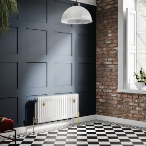 Chatsworth 450 x 1010mm Cast Iron Style 3 Column White Radiator   Brushed Brass Wall Stay Brackets and Thermostatic Valves