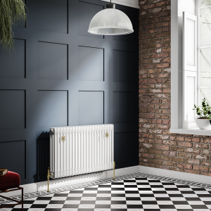 Chatsworth 600 x 1010mm Cast Iron Style 3 Column White Radiator   Brushed Brass Wall Stay Brackets and Thermostatic Valves