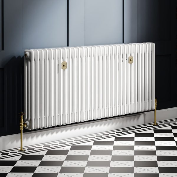 Chatsworth 600 x 1370mm Cast Iron Style 3 Column White Radiator   Brushed Brass Wall Stay Brackets and Thermostatic Valves - Image 8