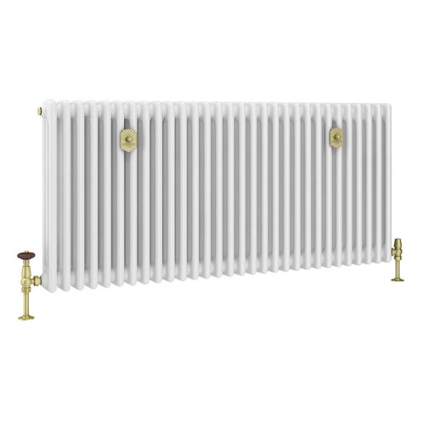 Chatsworth 600 x 1370mm Cast Iron Style 3 Column White Radiator   Brushed Brass Wall Stay Brackets and Thermostatic Valves - Image 7