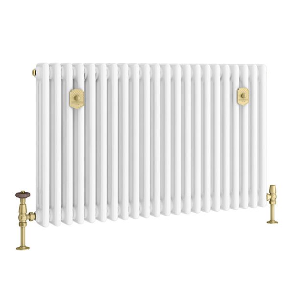 Chatsworth 600 x 1010mm Cast Iron Style 3 Column White Radiator   Brushed Brass Wall Stay Brackets and Thermostatic Valves - Image 7