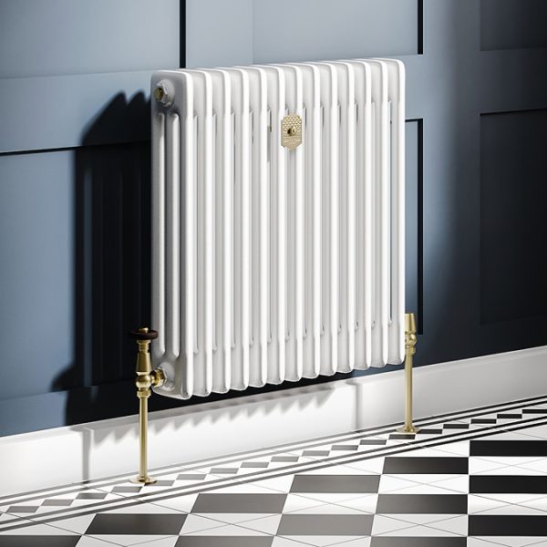 Chatsworth 600 x 605mm Cast Iron Style 3 Column White Radiator   Brushed Brass Wall Stay Bracket and Thermostatic Valves - Image 8