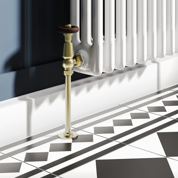 Chatsworth 600 x 605mm Cast Iron Style 3 Column White Radiator   Brushed Brass Wall Stay Bracket and Thermostatic Valves - Image 2